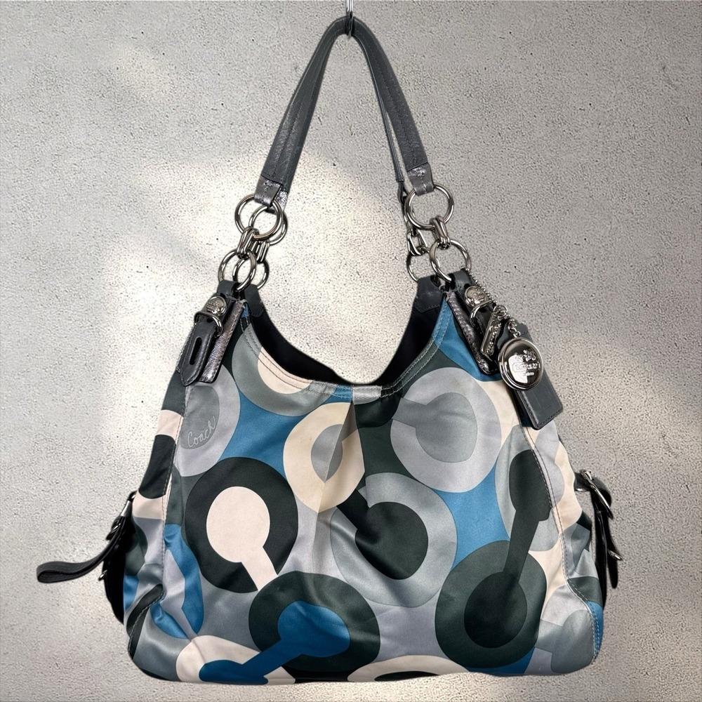 Coach Mia Bias Opart Maggie Bag Purse Blue Gray & White Satin W/ Silver Hardware